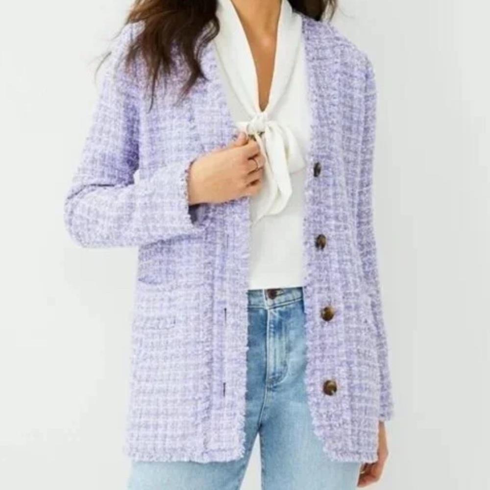 Ann Taylor Petite Fringe Tweed Cardigan Jacket Boucle Woven Size 8 P